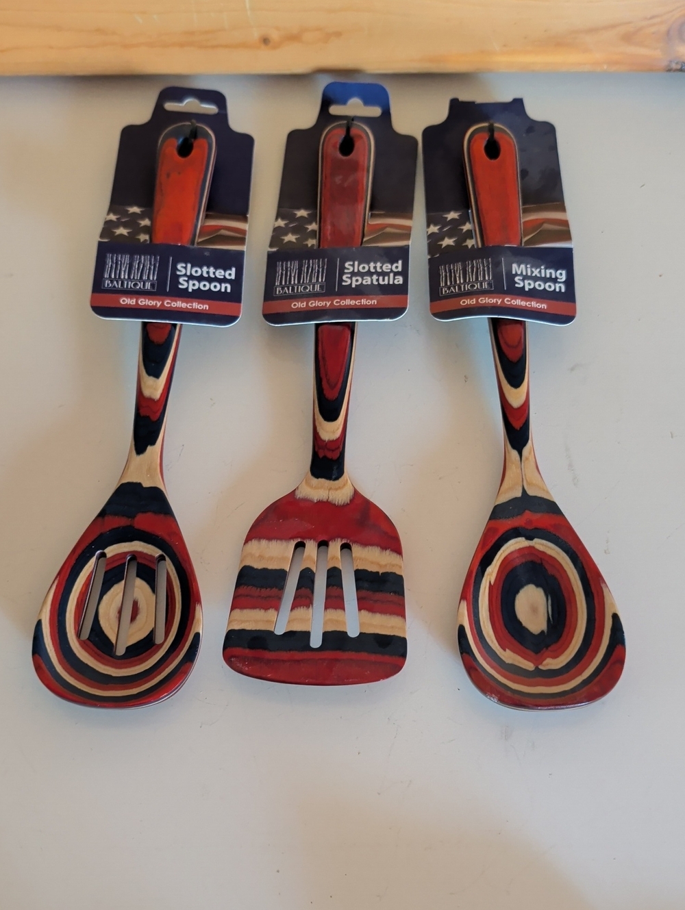NWT. Old Glory Collection Red Navy Striped Wooden Kitchen Utensils Set - 3pc